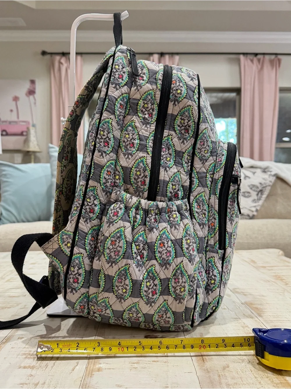 Vera Bradley Backpack Campus Tech Laptop Bag Gray Quilted Green & Pink Accents